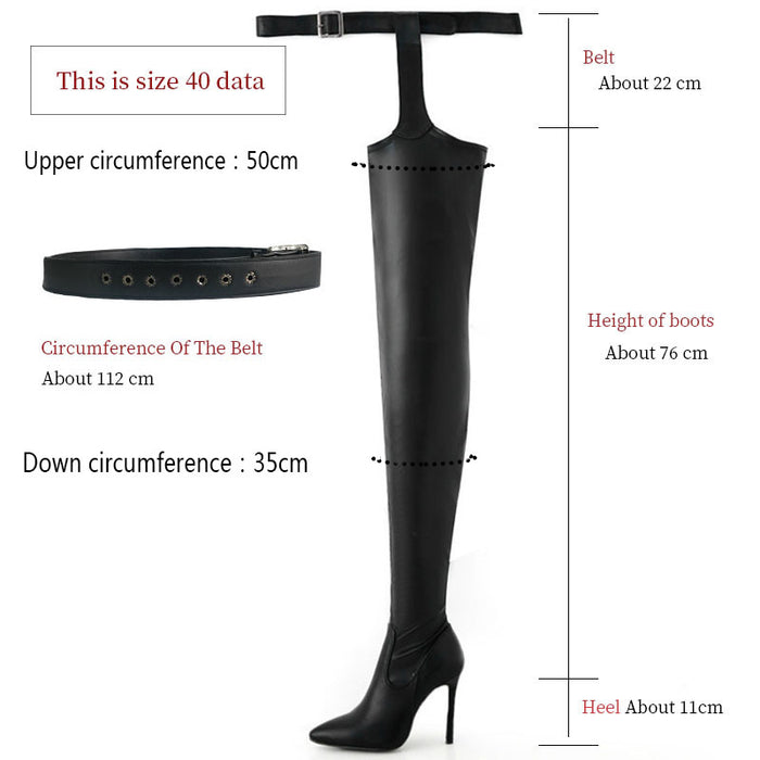 Women's belted thigh high boots in black with high heel and stylish design for fashionable outfits