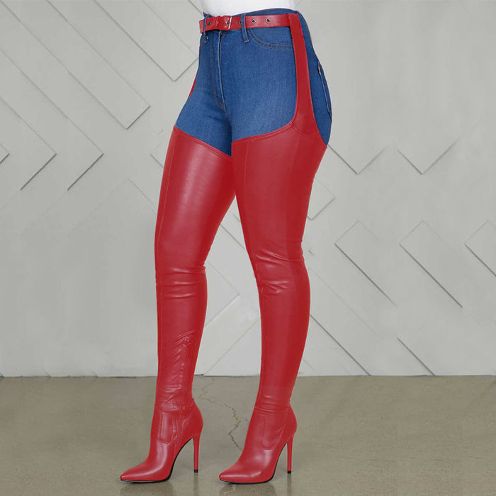 Stylish women's belted thigh high boots featuring a unique denim and red leather design