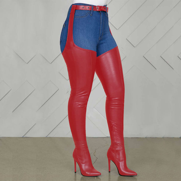 Stylish women's belted thigh high boots in red with denim accents for a bold fashion statement