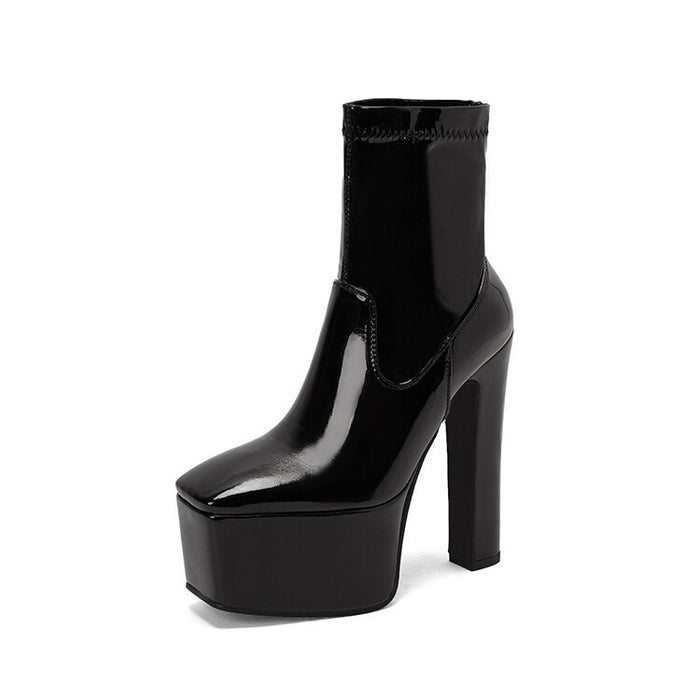 Stylish women's platform ankle boots in glossy black with a high block heel