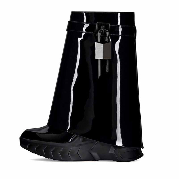 Women's shark lock platform ankle boots in glossy black with a secure locking feature