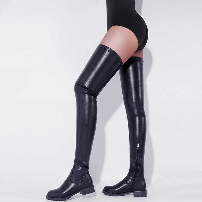 Womens up top thigh high boots in black with a sleek design and side zipper for easy wear