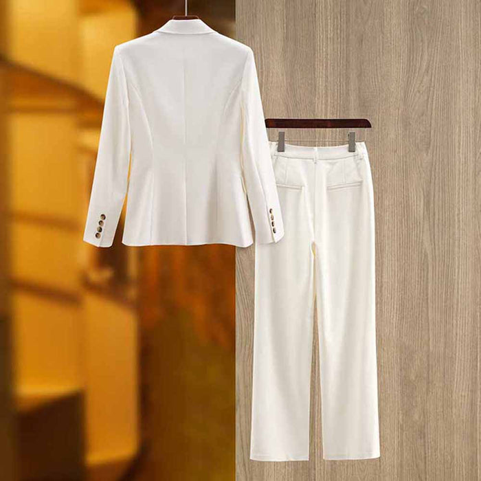 Stylish women's white pantsuit set featuring a tailored blazer and matching trousers