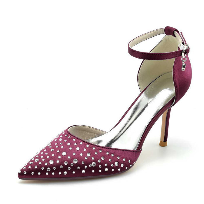 S&DCo. ankle strap wedding dress shoes in burgundy with sparkling rhinestone embellishments
