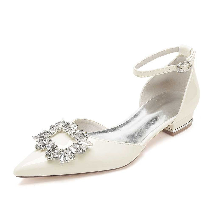 Elegant S&DCo. beaded bridal flats with ankle strap featuring a sparkling crystal embellishment