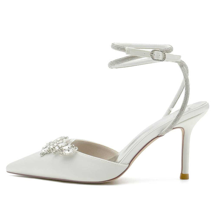 S&DCo. bridal pointed toe satin shoes with elegant embellishment and ankle strap design