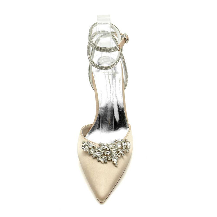 S&DCo. bridal pointed toe satin shoes with elegant embellishments for a stylish wedding look