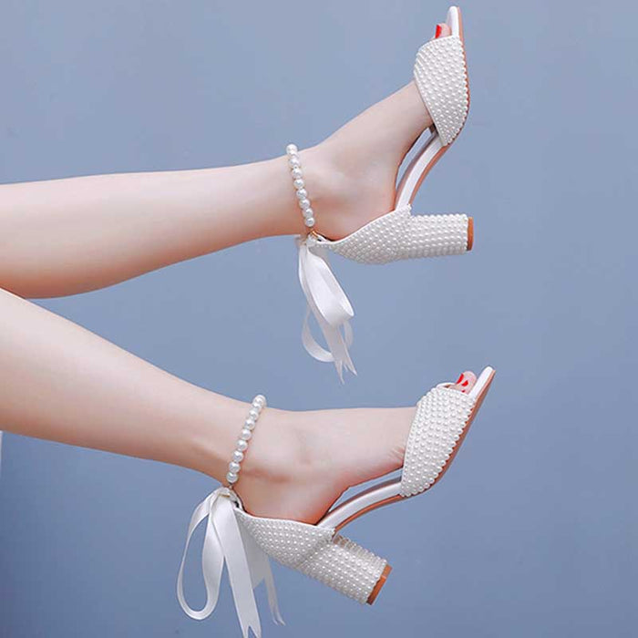 S&DCo. chunky lace up bridal shoes with pearl ankle straps and stylish chunky heels