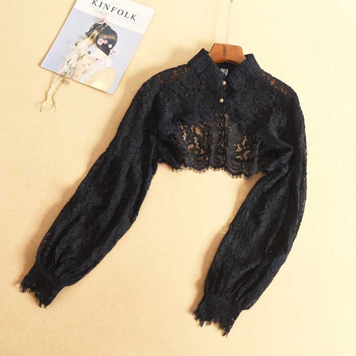 Cropped lace half shirt with long sleeves by S&DCo. in elegant black design for a stylish look