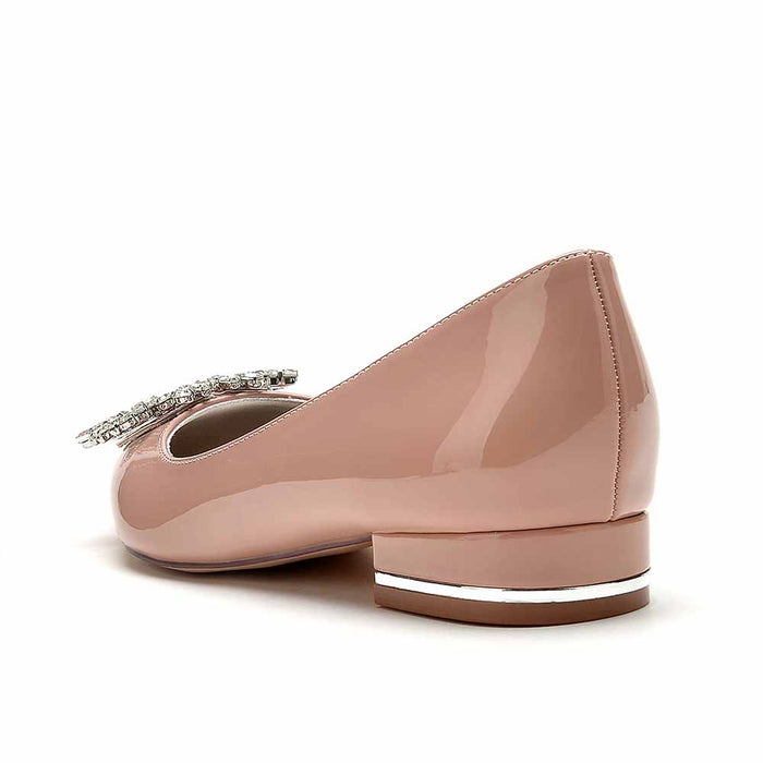 S&DCo. Elegant pink patent leather rhinestone flats for weddings with a stylish bow detail
