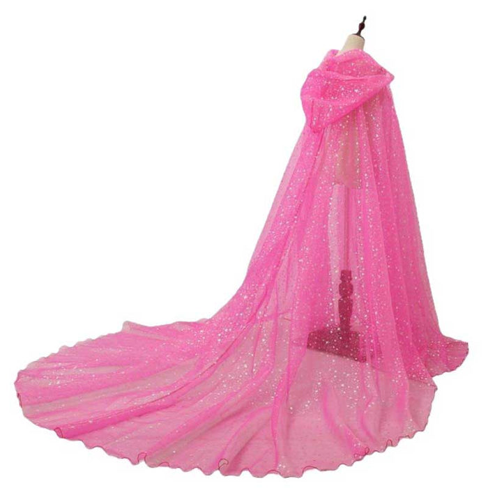 Pink sparkly hooded robe for wedding with flowing fabric and shimmering details