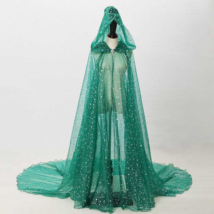 S&DCo. sparkly hooded robe for wedding in shimmering green with a flowing train