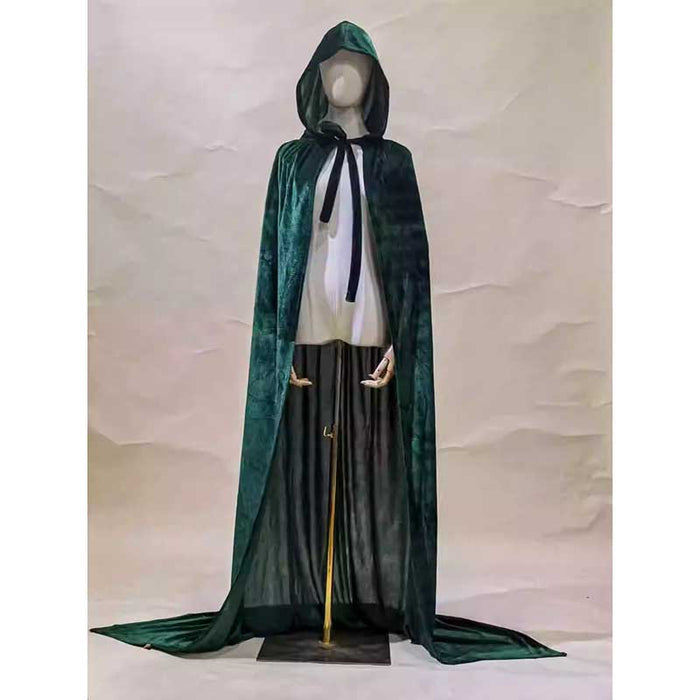 Elegant green medieval dress with a velvet hooded cape for Halloween, perfect for costume parties