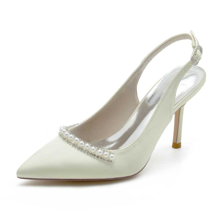 Elegant S&DCo. wedding satin slingback shoes with pearl embellishments and a pointed toe design