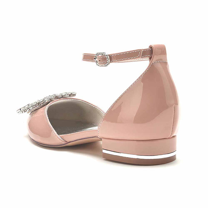 S&DCo. women's jeweled pointed toe flats in pink with an ankle strap and decorative embellishment