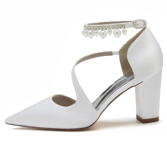Elegant women's strappy satin chunky heels with a decorative ankle strap for formal occasions