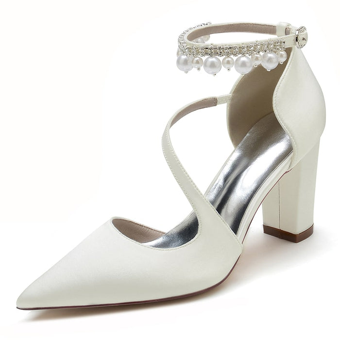 Women's strappy satin chunky heels with elegant ankle embellishment for stylish occasions