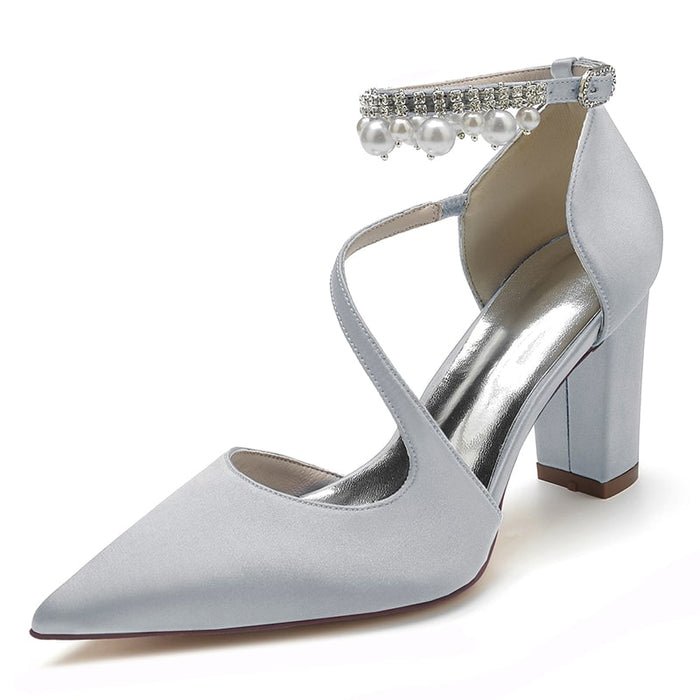Women's strappy satin chunky heels in light blue with a decorative pearl ankle strap