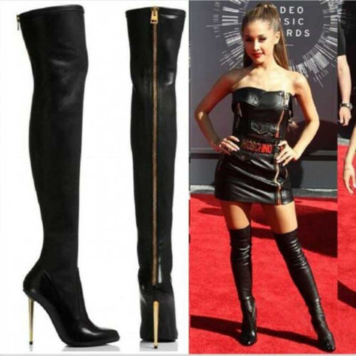Stylish black womens thigh high boots with a sleek design and high heel for a fashionable look