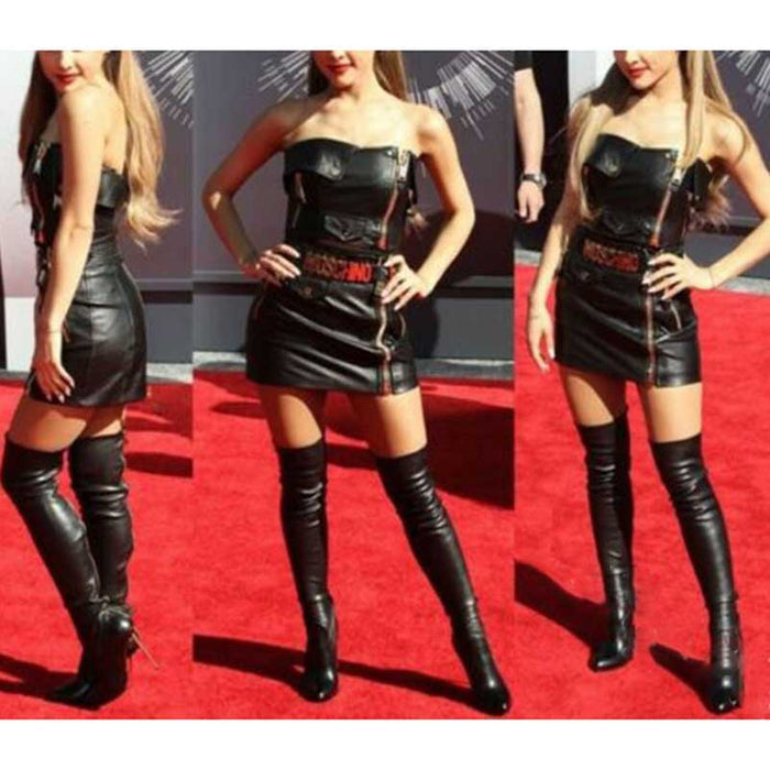 Stylish womens thigh high boots paired with a trendy black leather outfit on a red carpet
