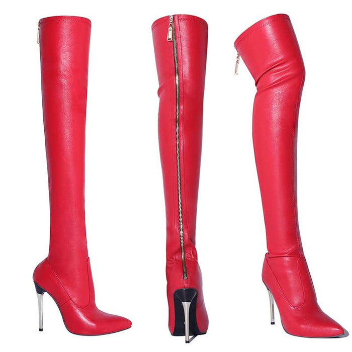 Stylish red womens thigh high boots with sleek design and high heel for a fashionable look