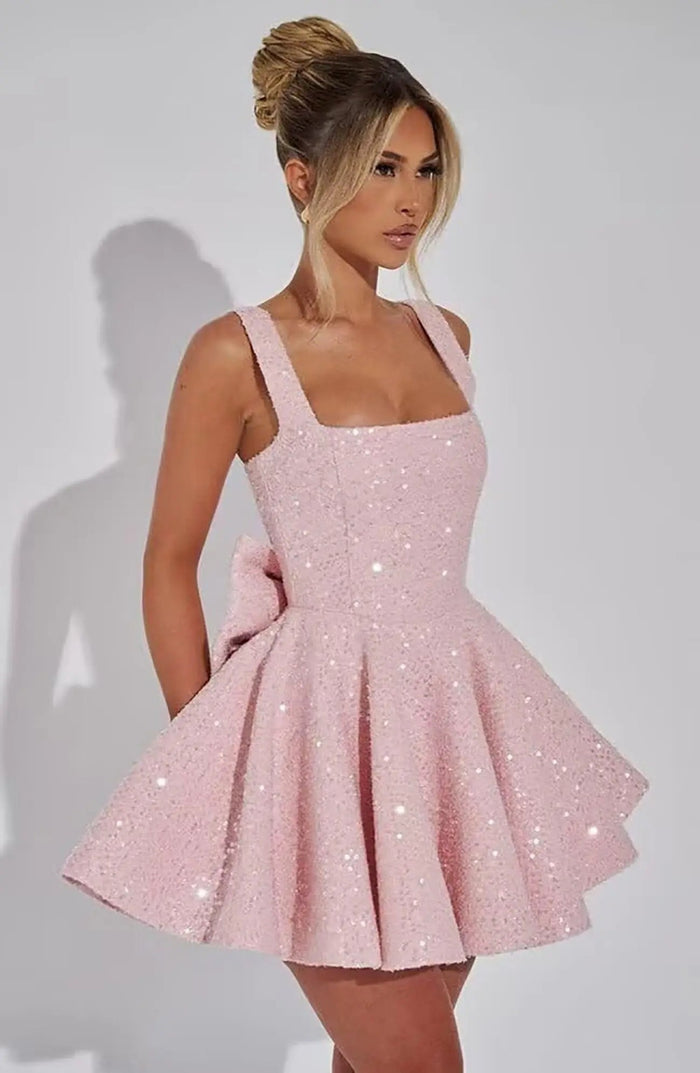 Sequin Glitter Mini Dress with Bow Detail | Elegant Square Neck Homecoming Party Dress for Women