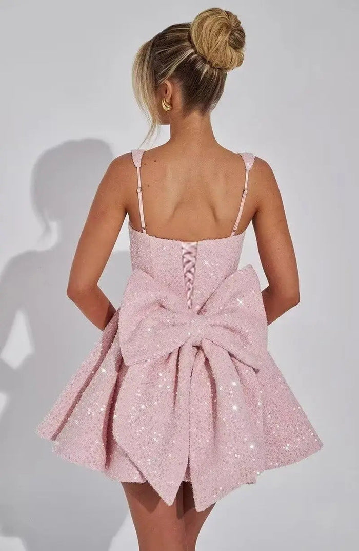 Sequin Glitter Mini Dress with Bow Detail | Elegant Square Neck Homecoming Party Dress for Women