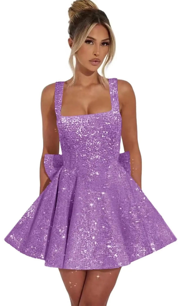 Sequin Glitter Mini Dress with Bow Detail | Elegant Square Neck Homecoming Party Dress for Women