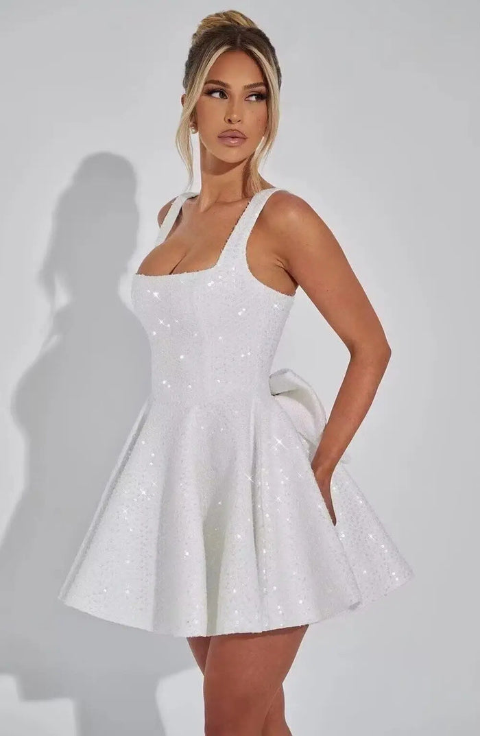 Sequin Glitter Mini Dress with Bow Detail | Elegant Square Neck Homecoming Party Dress for Women