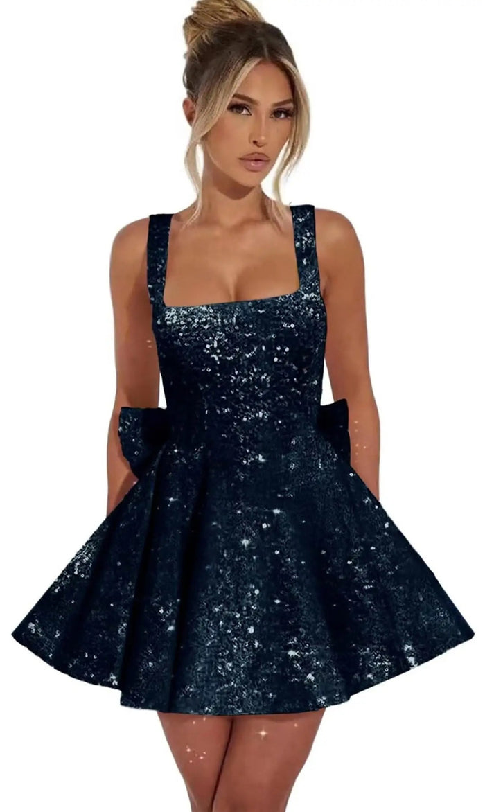 Sequin Glitter Mini Dress with Bow Detail | Elegant Square Neck Homecoming Party Dress for Women