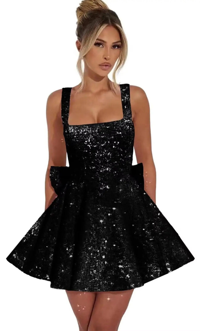 Sequin Glitter Mini Dress with Bow Detail | Elegant Square Neck Homecoming Party Dress for Women