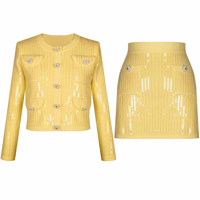 Sequin Knit Cardigan Crop Top + Skirt Suit