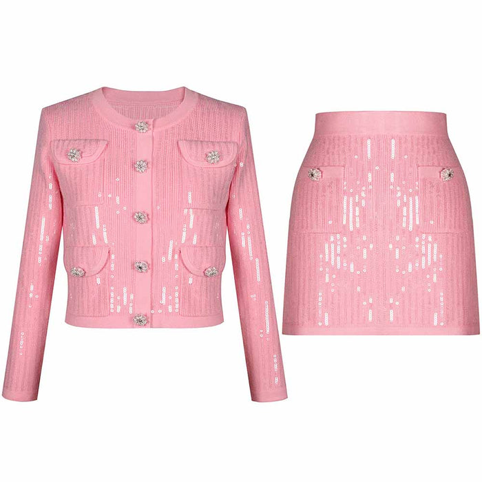 Sequin Knit Cardigan Crop Top + Skirt Suit