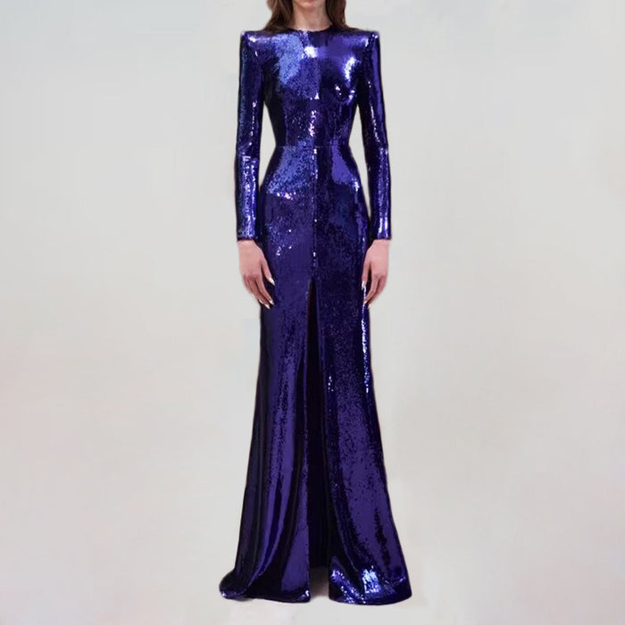 high neck maxi sequin dress blue
