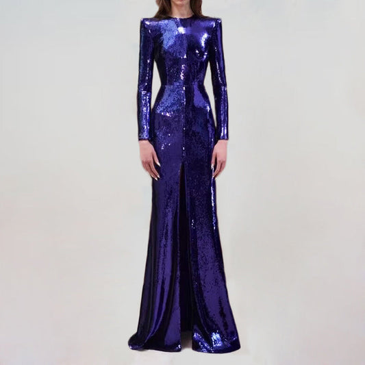 high neck maxi sequin dress blue