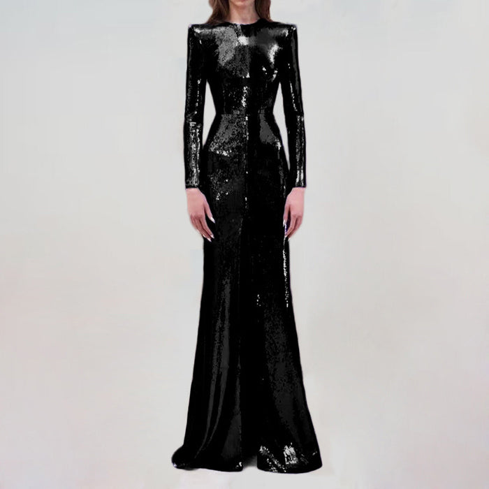 Black long sleeve high neck sequin maxi dress with front slit for formal events