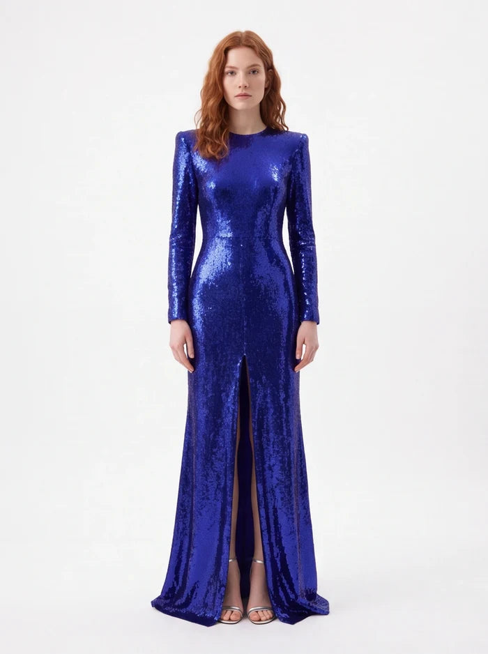 blue high neck long sleeve sequin maxi dress with front slit for formal events