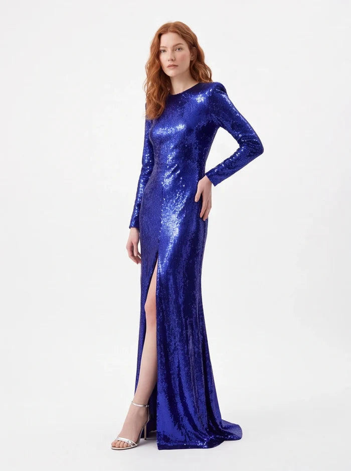 blue long sleeve evening gown