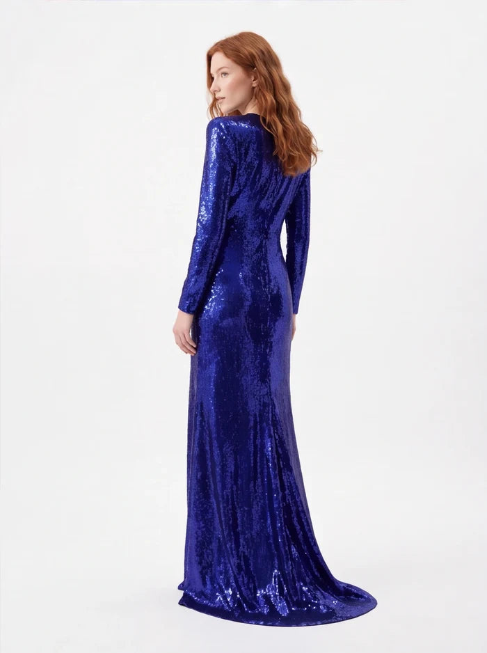 Sequin Maxi Dress – High Neck Long Sleeve Gown with Front Slit for Formal Events