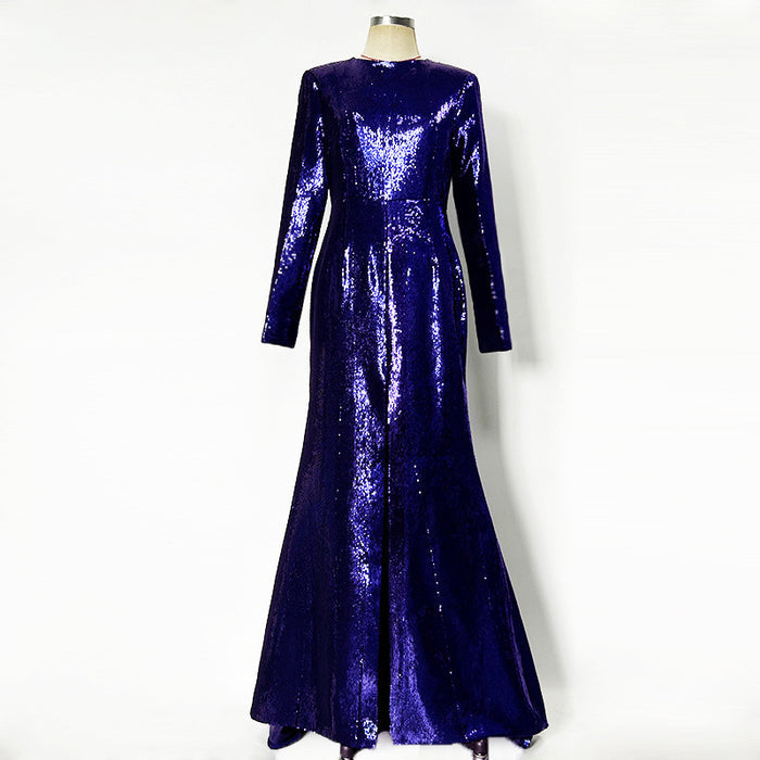 Sequin Maxi Dress – High Neck Long Sleeve Gown with Front Slit for Formal Events