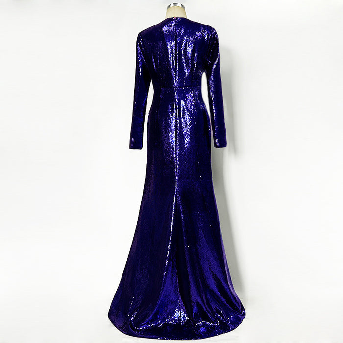 Sequin Maxi Dress – High Neck Long Sleeve Gown with Front Slit for Formal Events