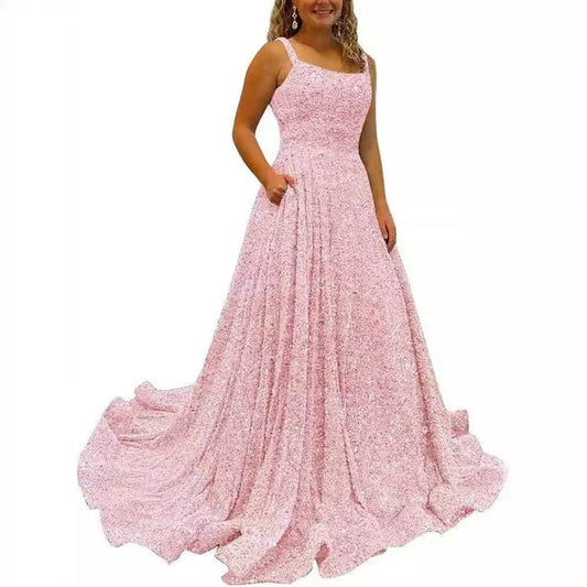 Sequin Prom Gown with Pockets for Wedding Guest & Parties