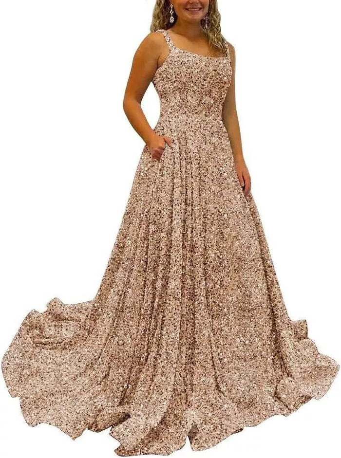 Sequin Prom Gown with Pockets for Wedding Guest & Parties