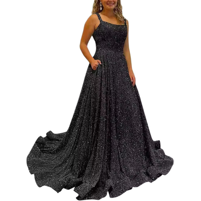 Sequin Prom Gown with Pockets for Wedding Guest & Parties