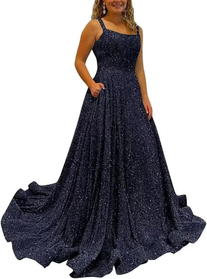 Sequin Prom Gown with Pockets for Wedding Guest & Parties