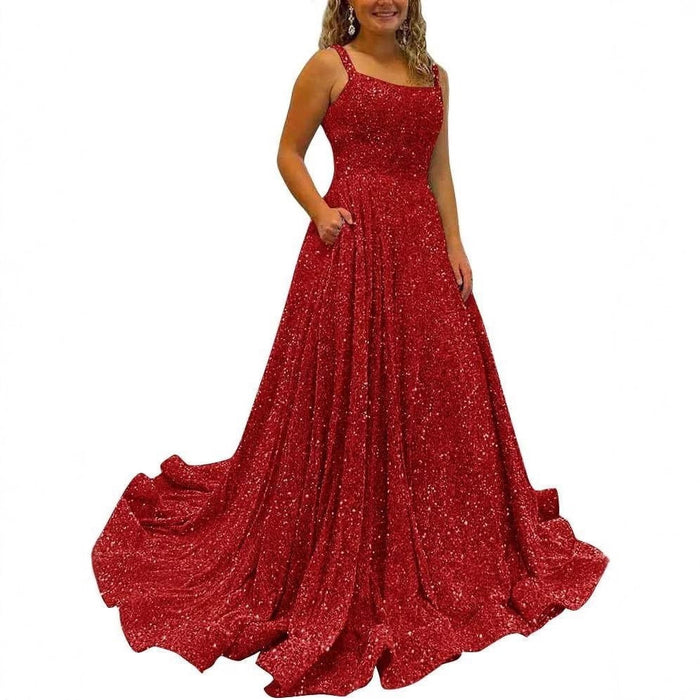 Sequin Prom Gown with Pockets for Wedding Guest & Parties