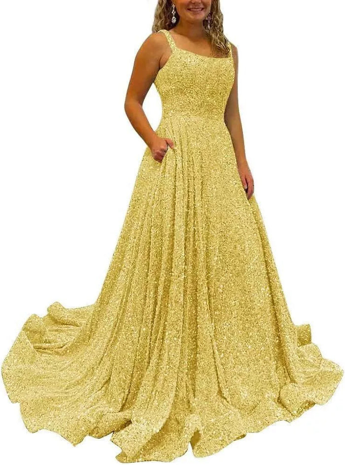 Sequin Prom Gown with Pockets for Wedding Guest & Parties