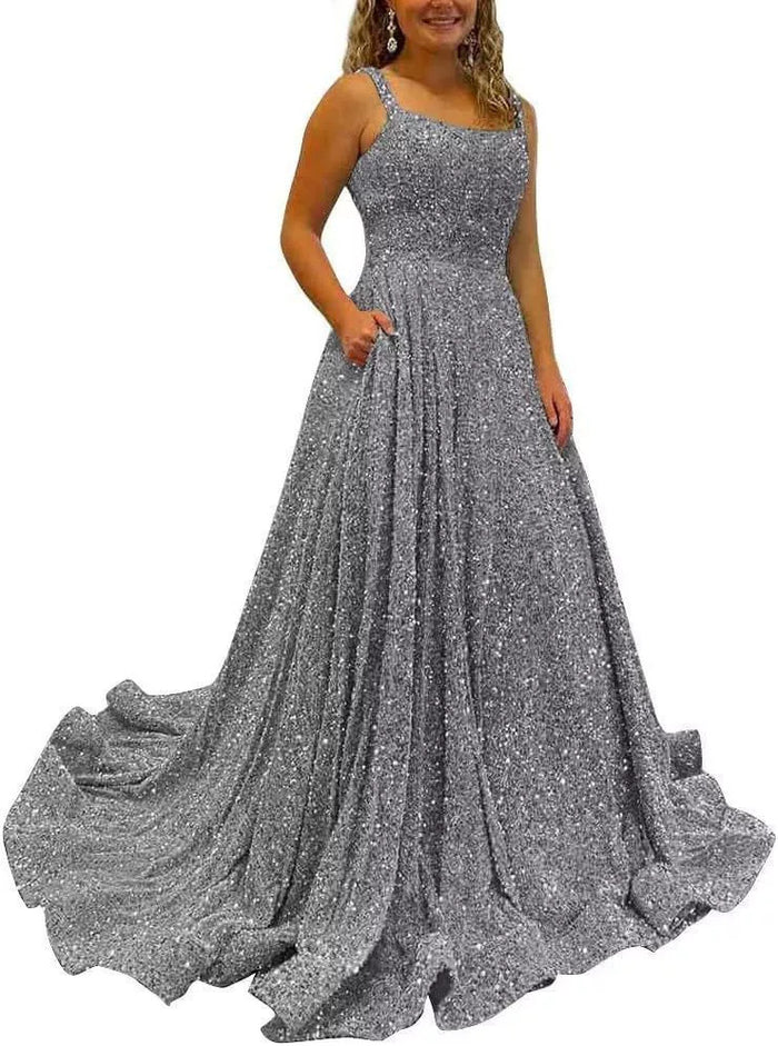 Sequin Prom Gown with Pockets for Wedding Guest & Parties