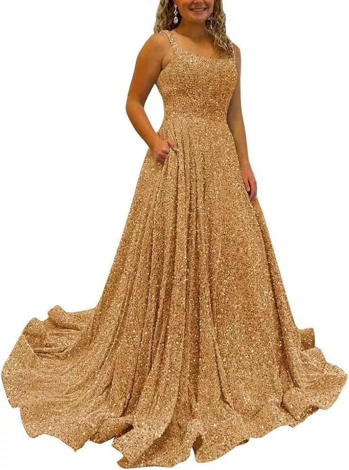 Sequin Prom Gown with Pockets for Wedding Guest & Parties
