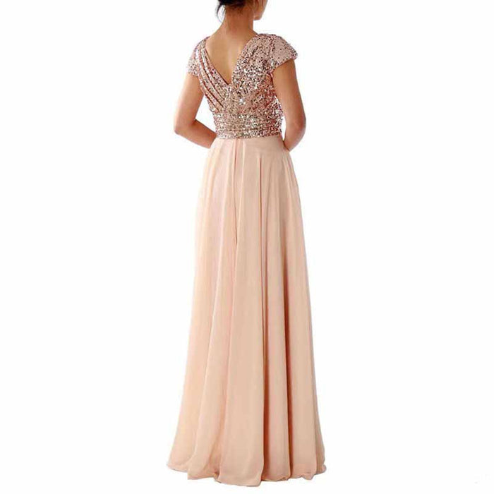 Sequined Bridesmaid Dress Cap Sleeved High Waisted Long Chiffon Prom Dress